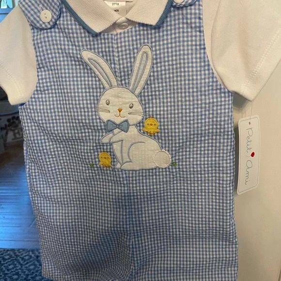 Petit Ami bunny gingham romper with adorable bunny and chicks design on front. - Picture 1 of 5